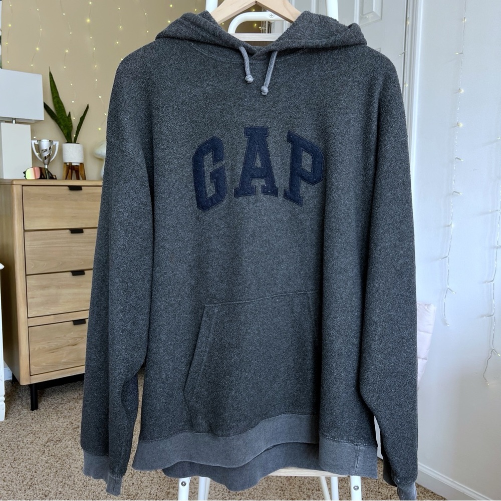 Vintage Gap Dark Heather Gray Arch Logo Fleece Hoodie Sweatshirt Size XL